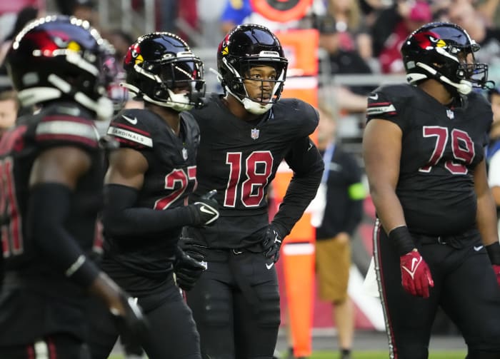 Arizona Cardinals linebacker BJ Ojulari (18) reacts after a touchdown by the Los Angeles Rams in the second half at State Farm Stadium in Glendale on Nov. 26, 2023